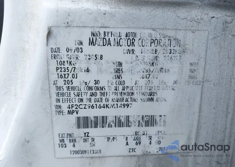 2004 Mazda Tribute Es V6 из США, поврежденный, VIN 4F2CZ96164KM14997